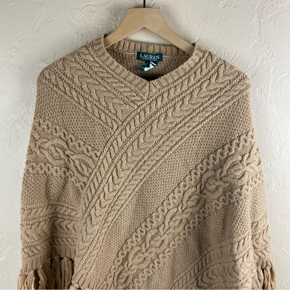 Lauren Ralph Lauren Tan Neutral Cable-knit Fringe Poncho Sweater - Picture 3 of 6